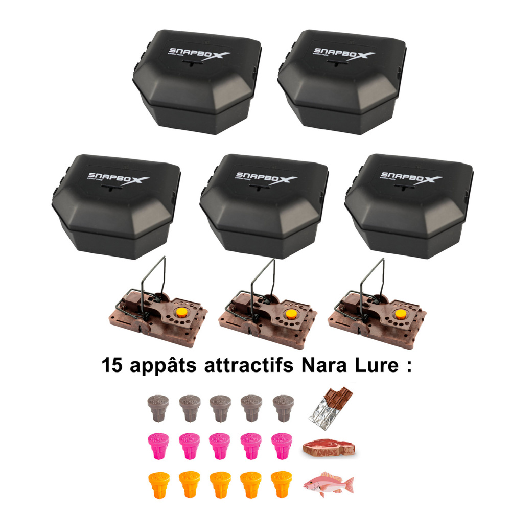 Pack comprenant 5 pièges à rats, 5 boîtes et 25 appâts - Snaptrap